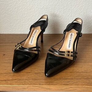 Vintage Manolo Blahnik Kitten Heel Sling Backs - Size 37 - Black Patent Leather